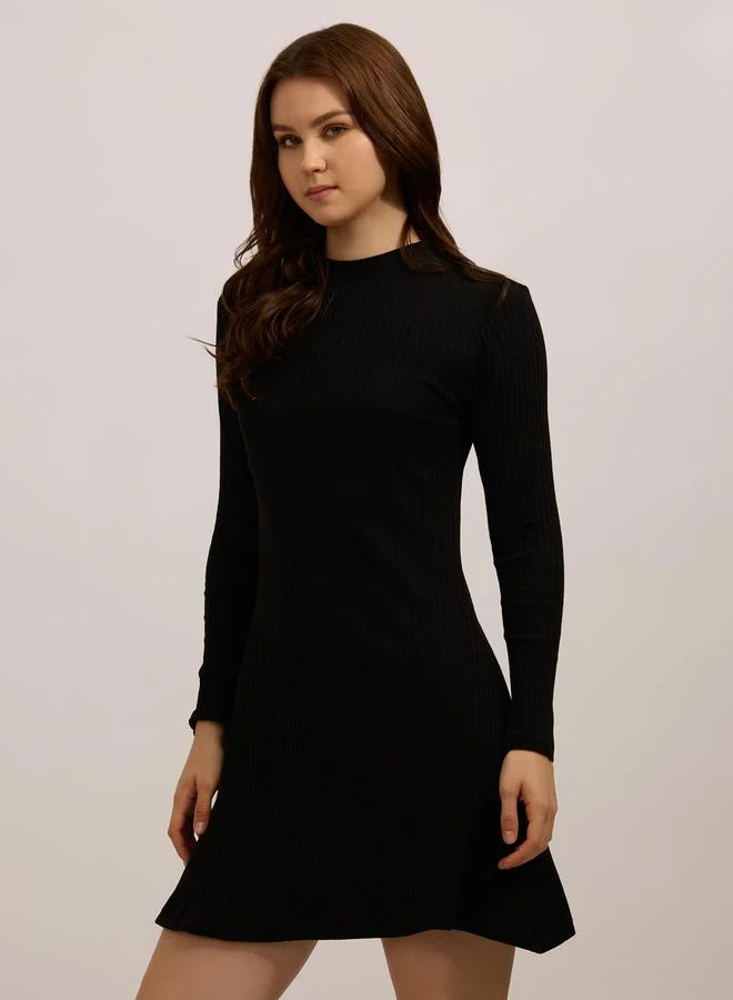 Outzidr  Black High Neck Ribbed Skater Mini Dress for Women | Best Price UAE
