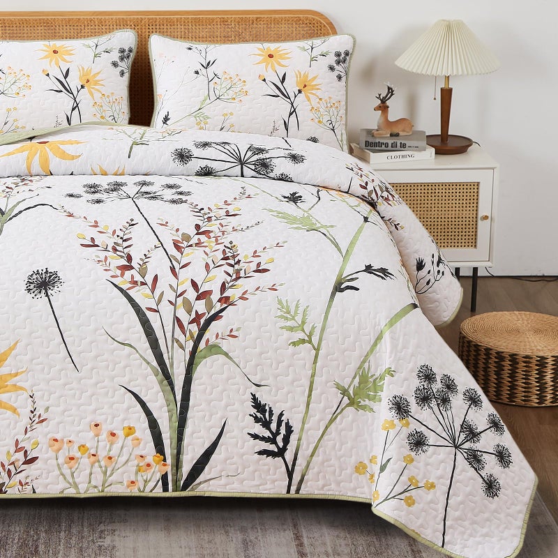 Dobuyly Sage Green Floral Quilt Set King Size, Yellow White Botanical Flower Quilt 3 Pieces Spring Bedspread Coverlet Set, Soft Lightweight Microfiber Bedding Set for All Season, 104"x90" - Image 4