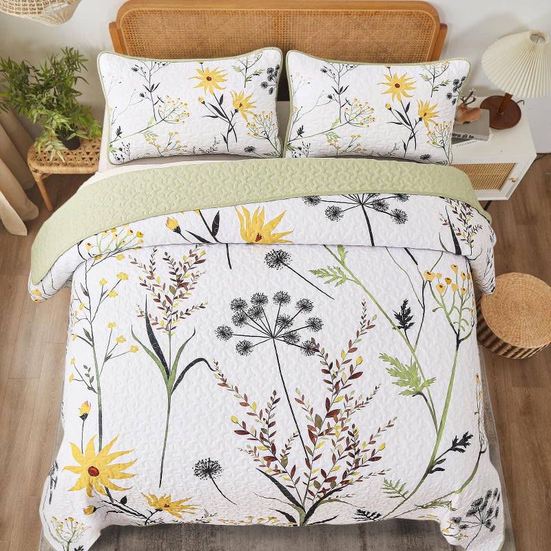 Dobuyly Sage Green Floral Quilt Set King Size, Yellow White Botanical Flower Quilt 3 Pieces Spring Bedspread Coverlet Set, Soft Lightweight Microfiber Bedding Set for All Season, 104"x90" - Image 3