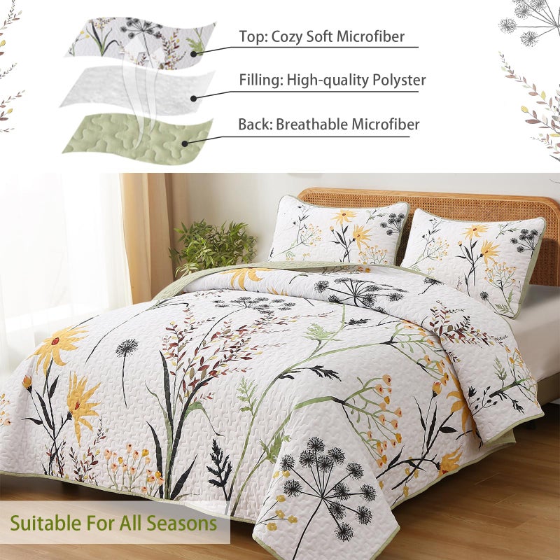 Dobuyly Sage Green Floral Quilt Set King Size, Yellow White Botanical Flower Quilt 3 Pieces Spring Bedspread Coverlet Set, Soft Lightweight Microfiber Bedding Set for All Season, 104"x90" - Image 5