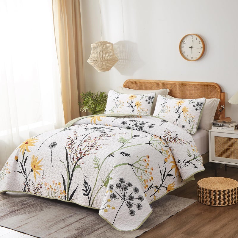 Dobuyly Sage Green Floral Quilt Set King Size, Yellow White Botanical Flower Quilt 3 Pieces Spring Bedspread Coverlet Set, Soft Lightweight Microfiber Bedding Set for All Season, 104"x90" - Image 2