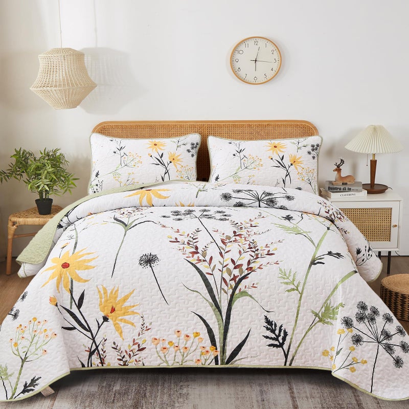 Dobuyly Sage Green Floral Quilt Set King Size, Yellow White Botanical Flower Quilt 3 Pieces Spring Bedspread Coverlet Set, Soft Lightweight Microfiber Bedding Set for All Season, 104"x90" - Image 1