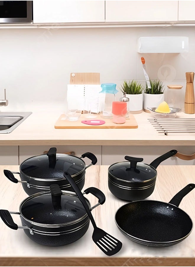 Cady One Granite pots and pans set with non-stick surfaces, heat-insulated handles and reinforced stainless steel lids, 8 pieces (16 cm frying pan - 24 cm frying pan - 20 cm saucepan - 24 cm saucepan-Silicone spoon)  - Image 1