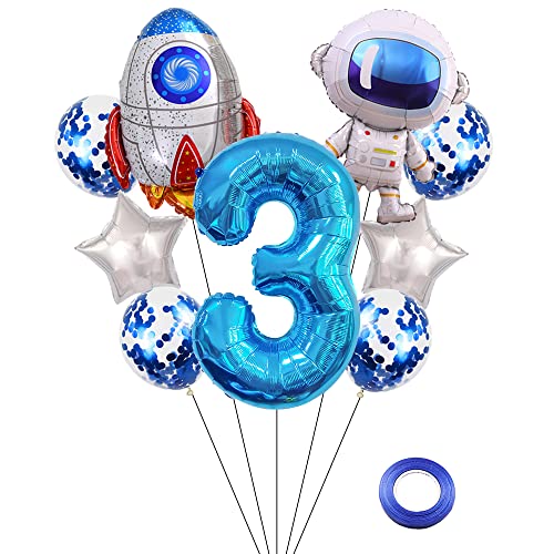 Kawailay Astronaut Rocket 3rd Birthday Party Balloons Jumbo Spaceman Birthday Balloons Outer Space Theme Foil Balloons 32 Inch Blue Number 3 Helium Balloon for Birthday Party - Image 1
