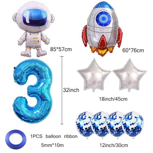 Kawailay Astronaut Rocket 3rd Birthday Party Balloons Jumbo Spaceman Birthday Balloons Outer Space Theme Foil Balloons 32 Inch Blue Number 3 Helium Balloon for Birthday Party - Image 5