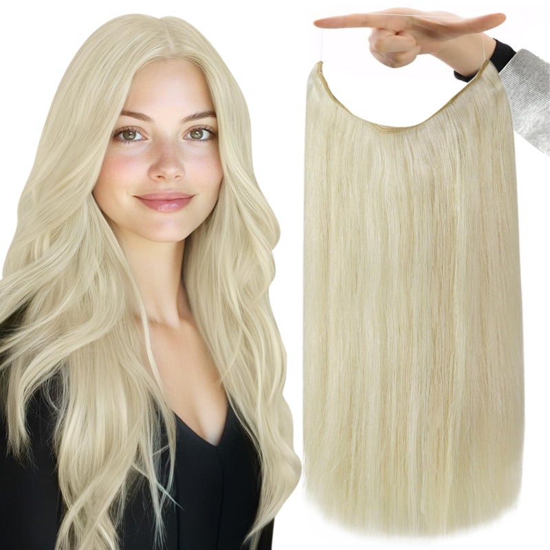 Fshine Wire Hair Extensions Real Human Hair Platinum Blonde Invisibe Wire Human Hair Sectrt Layered Hairpiece Transparent Fish Line Clip in Extension 16 Inch 80G