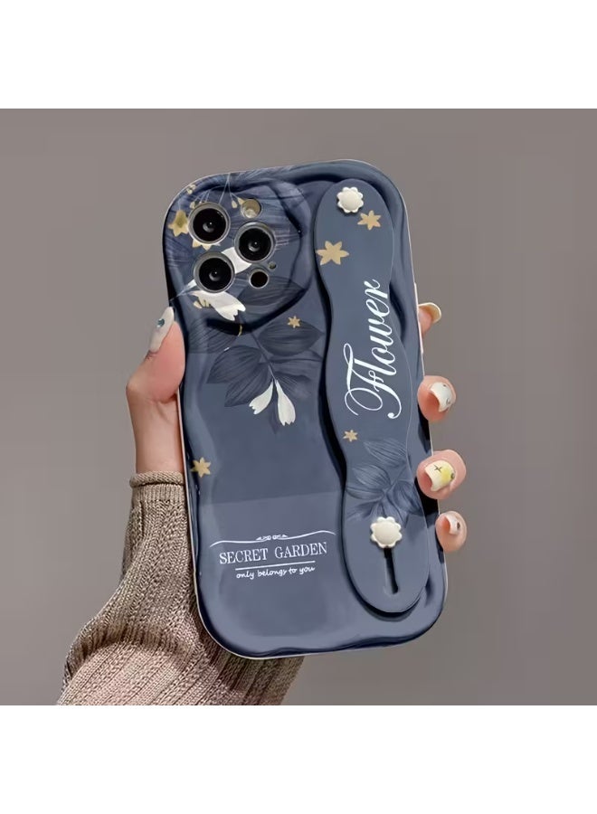 Temu Blue silicone phone case with a hand strap and gold flower and star print, shockproof and scratch-resistant, compatible with iPhone 13 Pro Max - Image 2