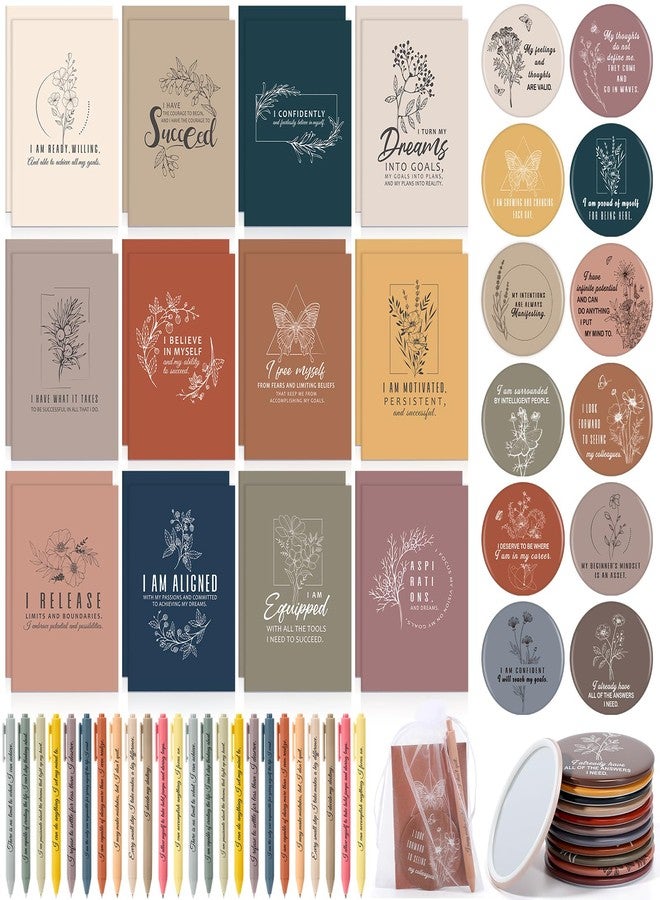 Mooliwe 72 Pcs/24 Set Positive Affirmation Gift Set for Women Gratitude Notebooks with Ballpoint Pens Mini Mirrors Small Bags Motivational Encouragement Notepad for Women Coworkers Adult Party Favor - Image 1