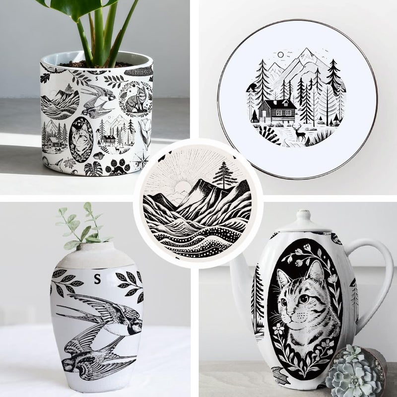 SUPERDANT 4PCS Mountain Scenery Underglaze Paper Transfer Cat Animal Transfer Paper for Clay Ceramic Porcelain Under Glaze Transfers for Pottery Enamel Decals Black Underglaze Decal Papers - Image 5