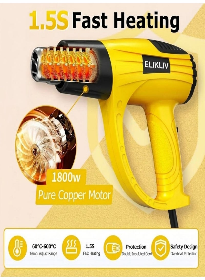 ELIKLIV Heat Gun 2000W, 60℃-600℃ Variable Temperature , Fast Heating 4 Nozzles for Crafts, Shrinking PVC, Stripping Paint - Image 2
