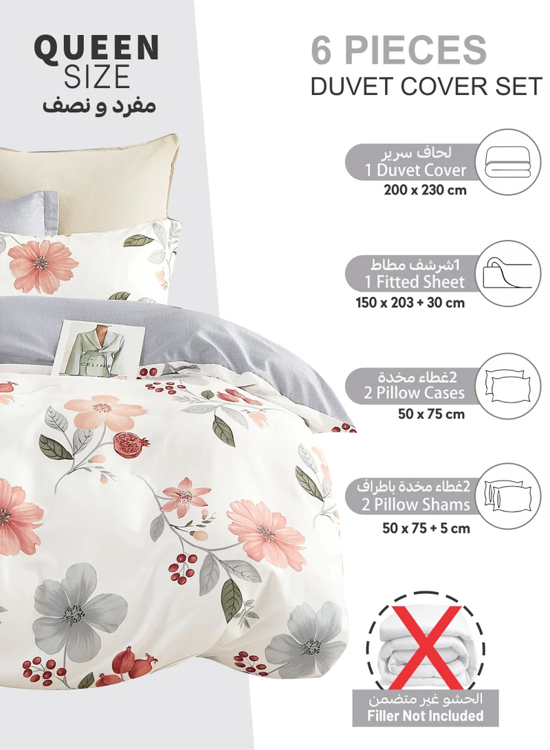 Donetella Printed Duvet Set, Queen Size 200x230 cm - 6-Pcs Bed Set, Microfiber Fabric - 1 Duvet Cover, 1 Fitted Sheet, 2 Pillow Shams, 2 Pillowcases (Filler Not Included)
