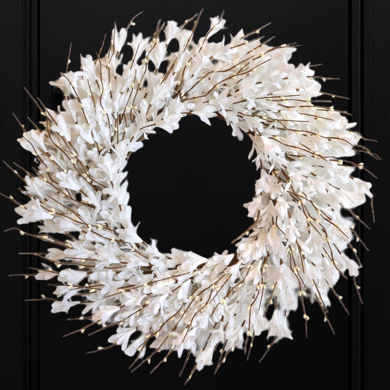 Bibelot 22inch Artificial Forsythia Flower Wreath Spring Summer Fall Wreath Silk Leaves for Front Door Decoration Porch Farmhouse Patio Garden Home Decor (White) - Image 1