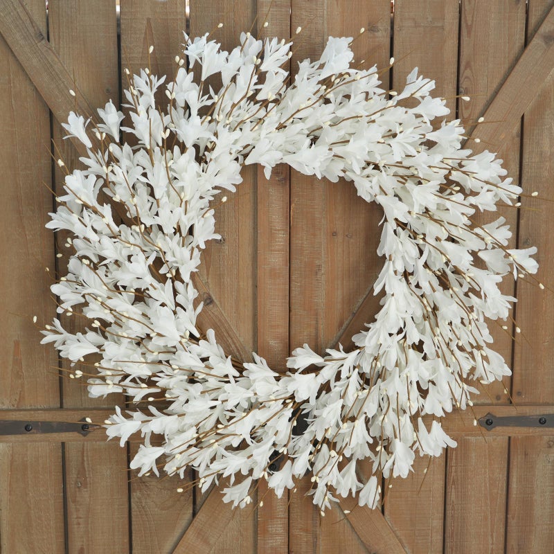 Bibelot 22inch Artificial Forsythia Flower Wreath Spring Summer Fall Wreath Silk Leaves for Front Door Decoration Porch Farmhouse Patio Garden Home Decor (White) - Image 2