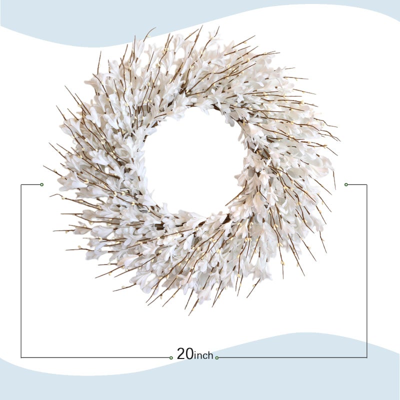 Bibelot 22inch Artificial Forsythia Flower Wreath Spring Summer Fall Wreath Silk Leaves for Front Door Decoration Porch Farmhouse Patio Garden Home Decor (White) - Image 5