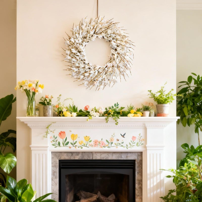 Bibelot 22inch Artificial Forsythia Flower Wreath Spring Summer Fall Wreath Silk Leaves for Front Door Decoration Porch Farmhouse Patio Garden Home Decor (White) - Image 3