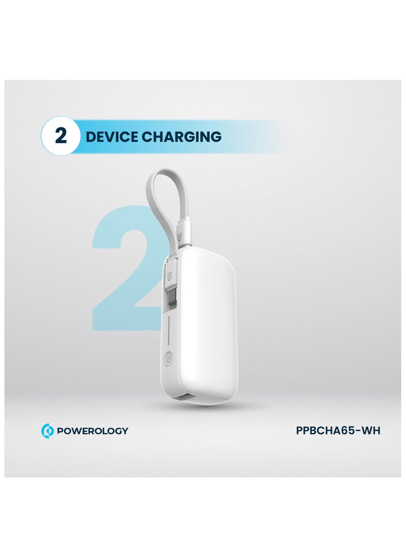 Powerology PD20W 5000mAh Power Bank / QC 18W / Type-C Port and USB-A Port / Removable Cable / Built-In Safeguards / Advanced Charging Technology / Compact and Portable / 2 Device Charging - White  - Image 4