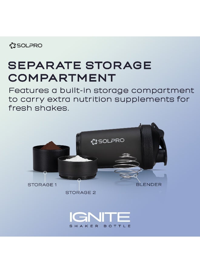 SOLPRO Ignite Shaker Bottle | 850mL | Built in Storage Compartment | Leak-Proof and Portable | Non-Slip Grip | Ideal for Protein Shakes, Smoothies, Pre Workout and More | BPA Free - Image 3