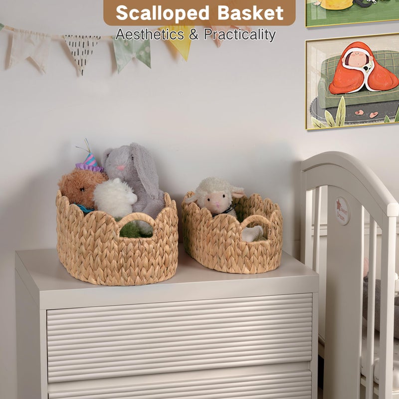 iEGrow Scalloped Wicker Basket, Set of 2 Hand-Woven Natural Rattan Baskets with Built-in Handles, Water Hyacinth Storage Oval Cute Baby Baskets for Nursery, Organizing, Decor and Shelves - Image 2
