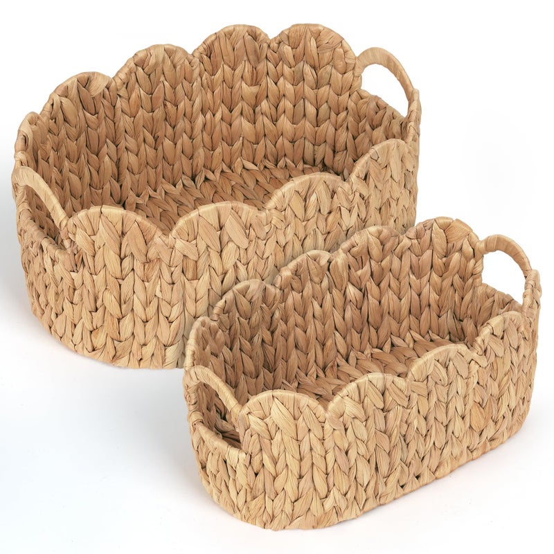 iEGrow Scalloped Wicker Basket, Set of 2 Hand-Woven Natural Rattan Baskets with Built-in Handles, Water Hyacinth Storage Oval Cute Baby Baskets for Nursery, Organizing, Decor and Shelves - Image 1