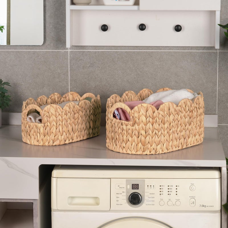 iEGrow Scalloped Wicker Basket, Set of 2 Hand-Woven Natural Rattan Baskets with Built-in Handles, Water Hyacinth Storage Oval Cute Baby Baskets for Nursery, Organizing, Decor and Shelves - Image 4
