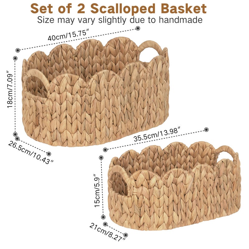 iEGrow Scalloped Wicker Basket, Set of 2 Hand-Woven Natural Rattan Baskets with Built-in Handles, Water Hyacinth Storage Oval Cute Baby Baskets for Nursery, Organizing, Decor and Shelves - Image 3