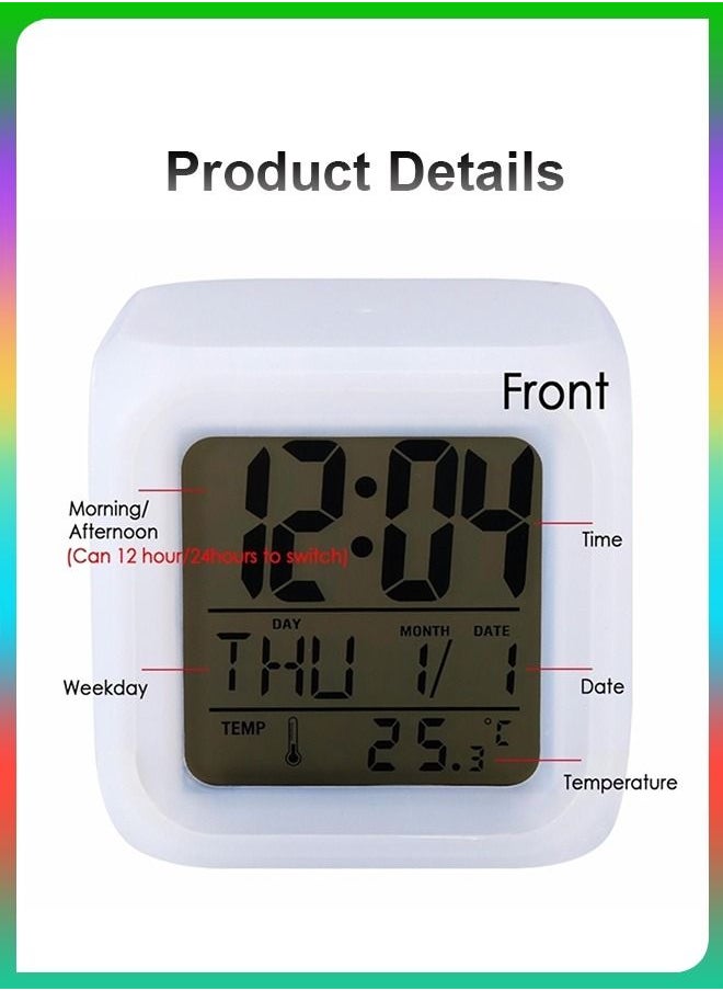 DBLEW - Led Digital Color Changing Light Night Alarm Clock Kids Wake Up Desk Table Time Calendar Snooze Glowing Home Bedroom Bedside Office With Temperature - Image 1