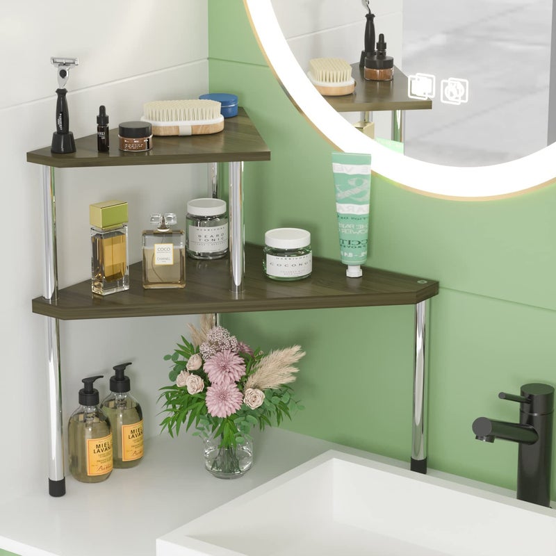 Weenson Bathroom Counter Organizer Corner Shelf - 2 Tier Bathroom Organization Bamboo Bathroom Sink Shelf Kitchen Countertop Organizer Adjustable Free-Standing Counter Storage Shelf(Antique) - Image 2