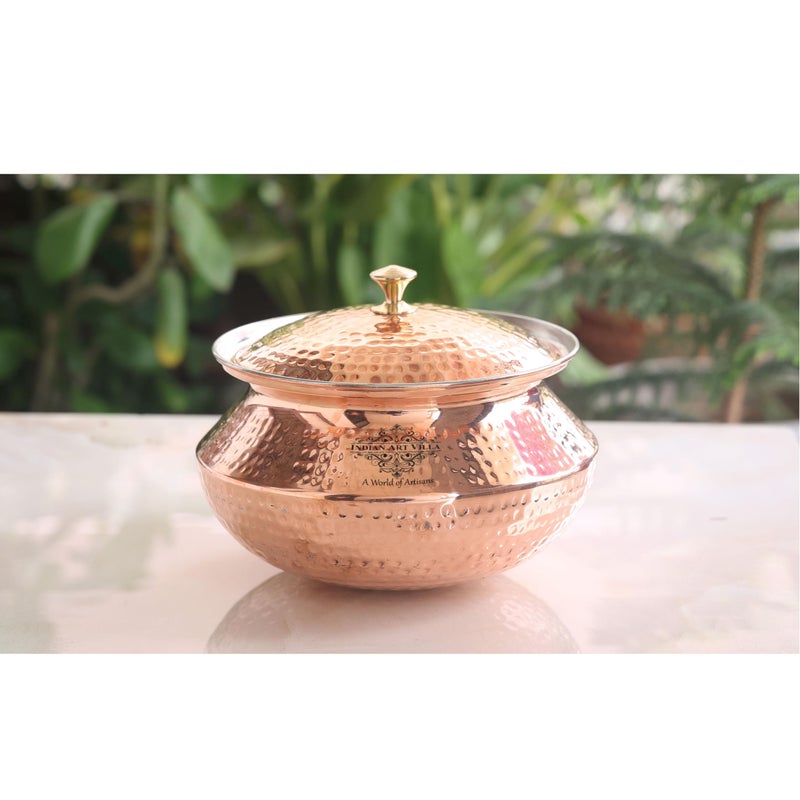 INDIAN ART VILLA INDIAN ART VILLA Copper Handi/Degchi with Tin Lining Inside, 3600 ML, for Serving Curries, Biryani, Home, Hotel, Restaurant  - Image 1