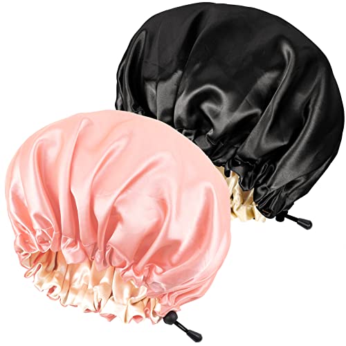 Ranphykx 2PCS Satin Sleep Cap,Adjustable Double-Sided Sleep Bonnet,Bonnet Cap for Sleep (1 BLACK+ 1 PINK) - Image 1