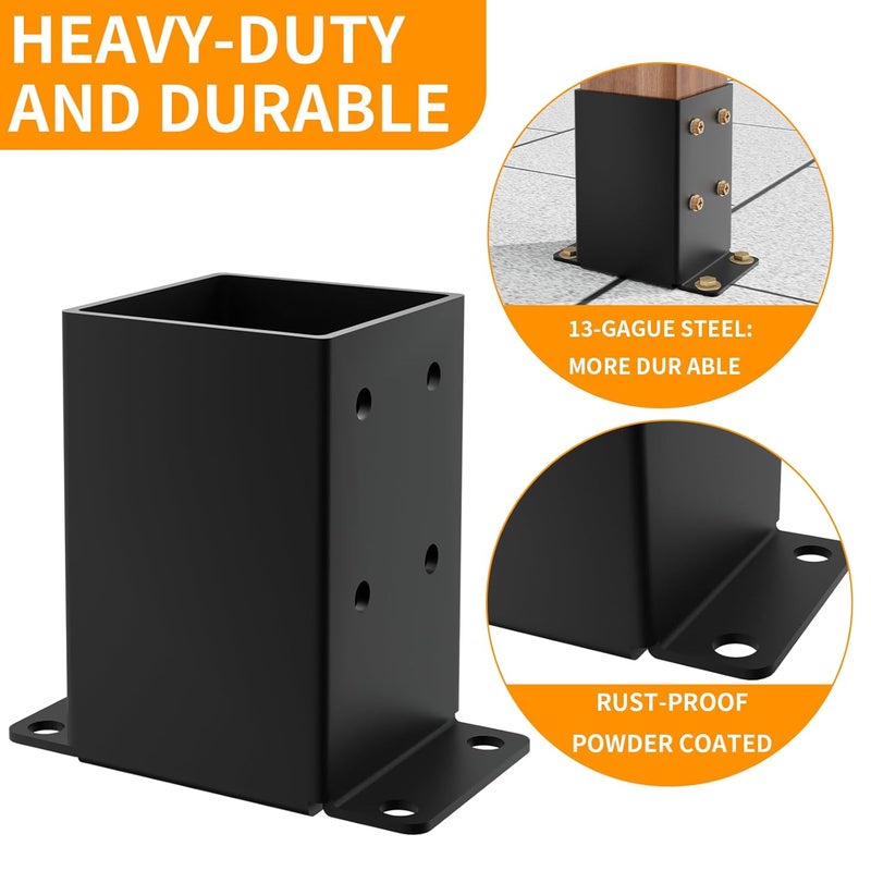 AOSTD 4x4 Post Base 4PCS, Inner Size 3.5x3.5 Inch Fence Post Anchor, Rust-Proof Heavy Duty Metal Black Powder-Coated Railing Post Brackets, for Support Deck, Pergola, Includes Screws - Image 3