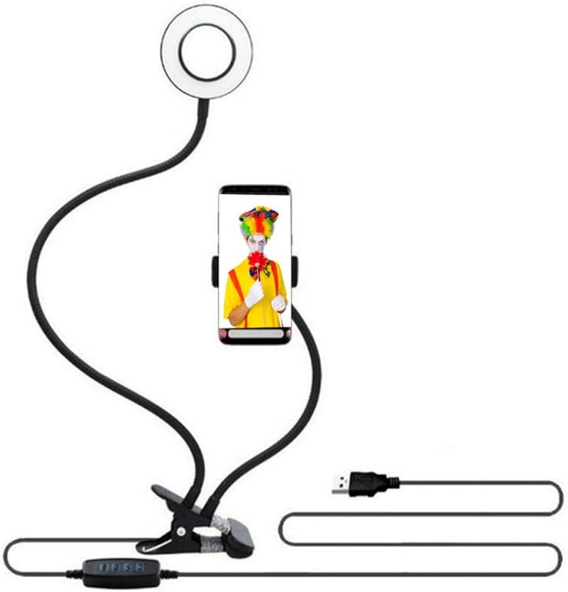 Clip On Dimmable LED Ring Light with Phone Stand for Photography and Live Streaming Black - Image 1
