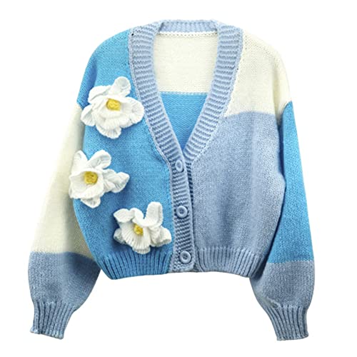 HOULENGS Women's Kawaii Floral Print Button Down Crop Cardigan Sweater Long Sleeve V Neck Knitted Cardigan Blue One Size - Image 1
