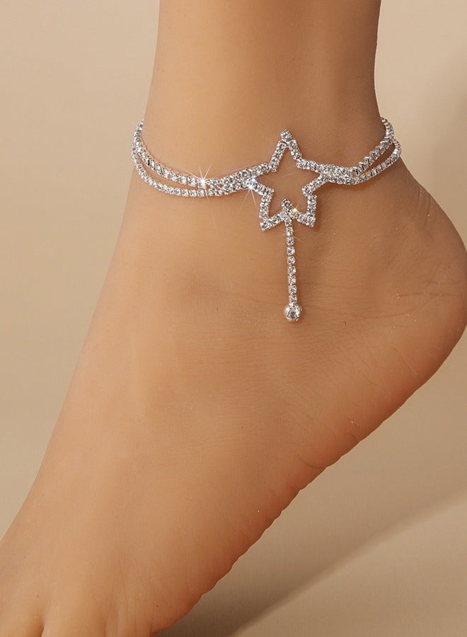Heart Rhinestone Ankle Bracelets for Women, Adjustable Silver Shiny Tennis Anklets,Stretch Love Twinkle Cubic Zircon Diamond Anklet Foot Chain Jewelry Gifts - Image 1