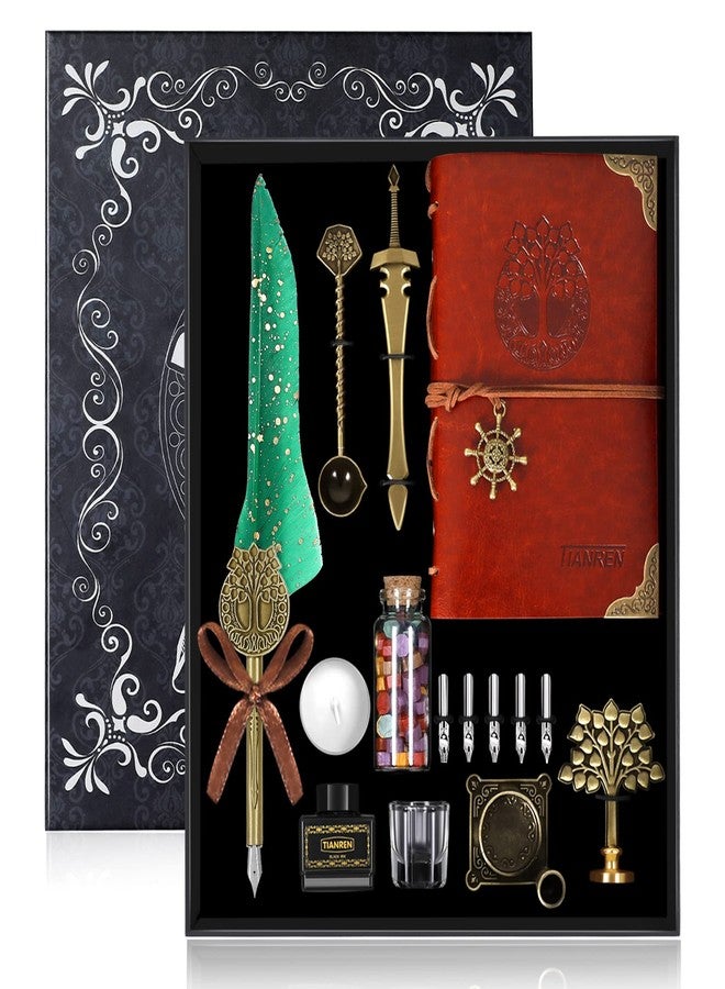 TIANREN Quill Pen and Ink Set,Feather Dip Pen,Antique Calligraphy Pen with 5 Replaceable Nibs,Wax Seal Stamp kit,Wax Beads & Leather Writing Notebook Christmas gift for Men&Women(Green) - Image 1