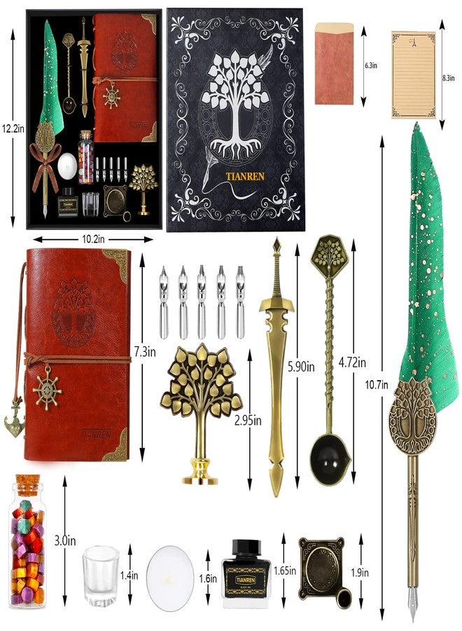 TIANREN Quill Pen and Ink Set,Feather Dip Pen,Antique Calligraphy Pen with 5 Replaceable Nibs,Wax Seal Stamp kit,Wax Beads & Leather Writing Notebook Christmas gift for Men&Women(Green) - Image 2