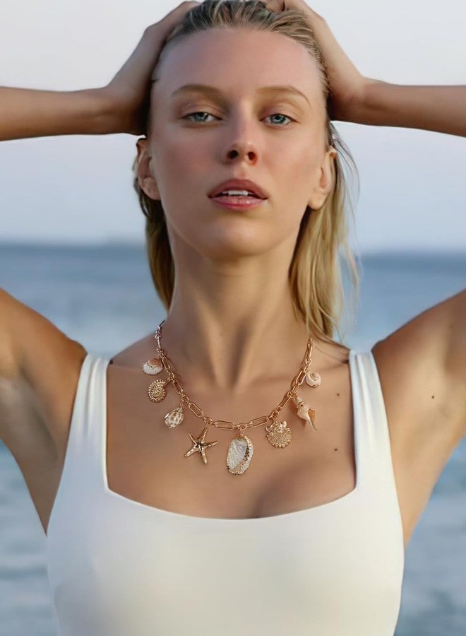 ليلي آند وايت قلادة ليلي آند وايت من الأصداف البحرية للنساء مع تعليقات عصرية، قلادة محارة، قلادات بتعليقات نجم البحر، قلادات حورية البحر الصيفية الفريدة، مجوهرات الأصداف العصرية - Image 2