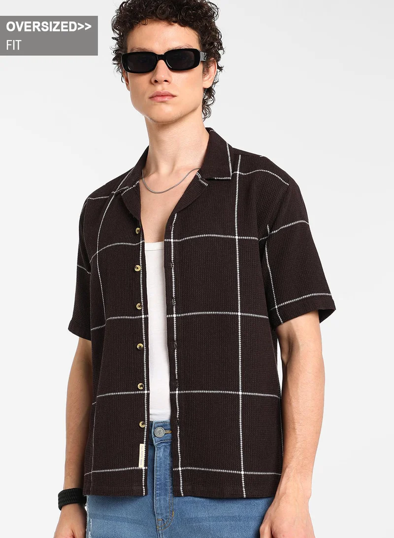 Campus Sutra Men's Taupe Brown Graph Check Oversized Shirt