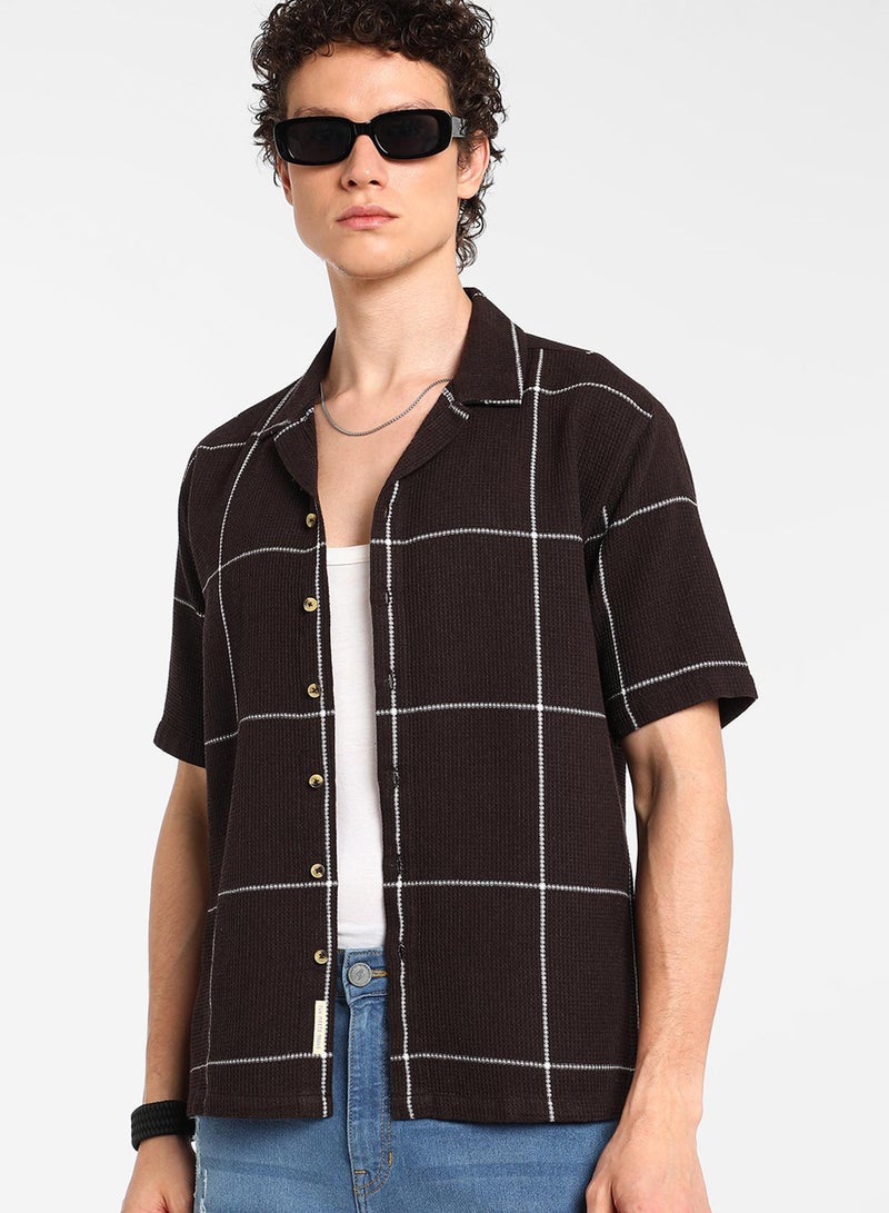 Campus Sutra Men's Taupe Brown Graph Check Oversized Shirt  - Image 1