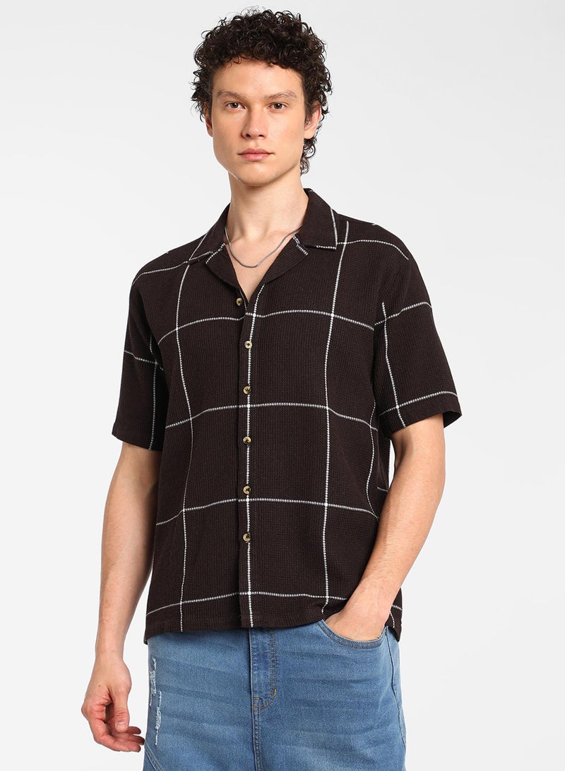 Campus Sutra Men's Taupe Brown Graph Check Oversized Shirt  - Image 2