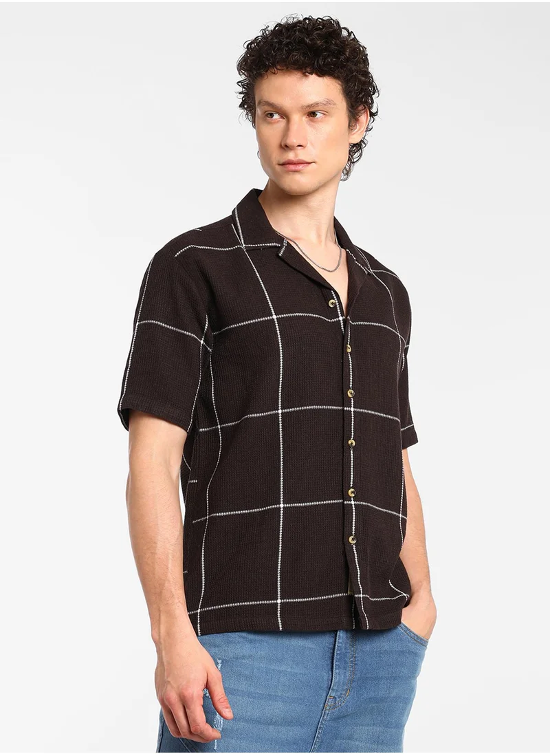 Campus Sutra Men's Taupe Brown Graph Check Oversized Shirt