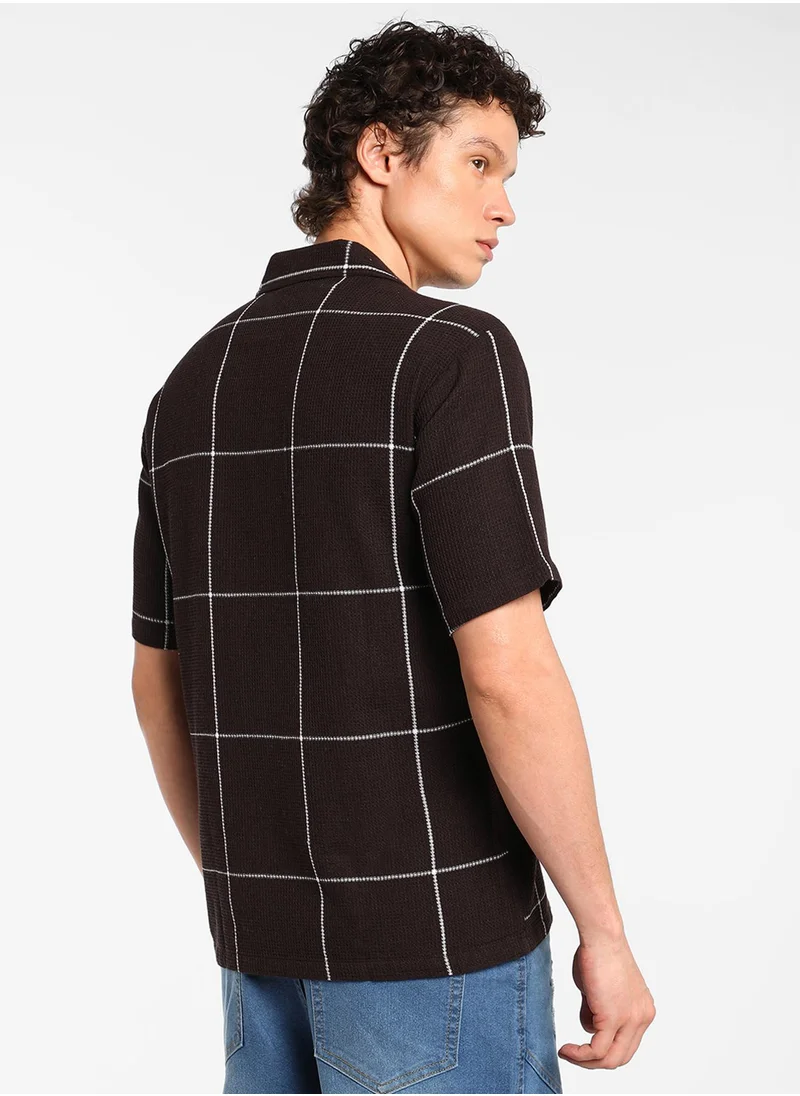 Campus Sutra Men's Taupe Brown Graph Check Oversized Shirt
