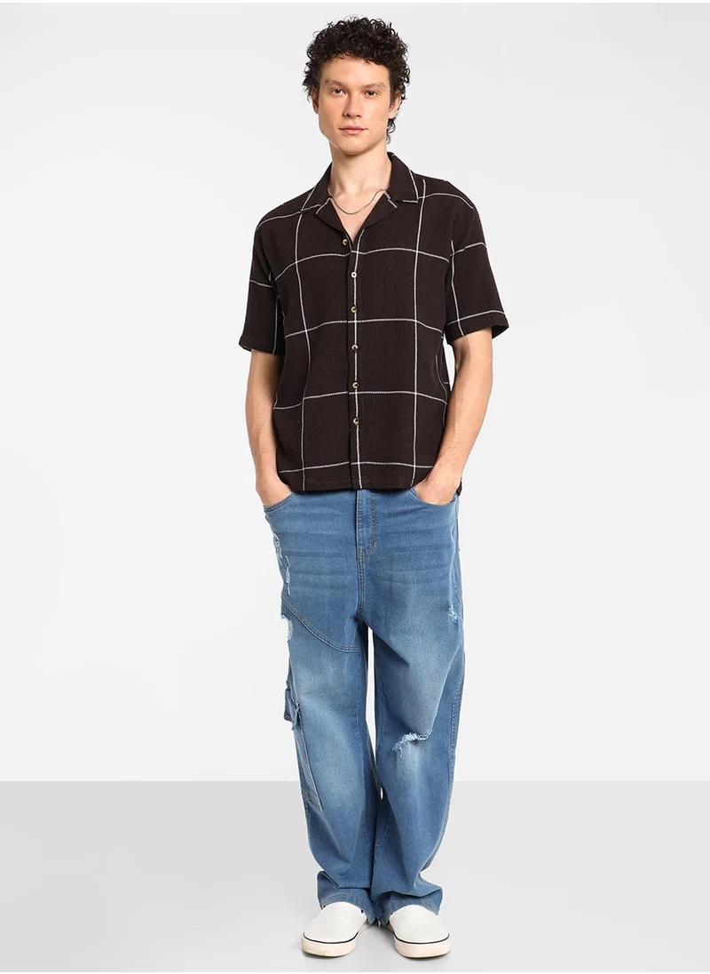 Campus Sutra Men's Taupe Brown Graph Check Oversized Shirt