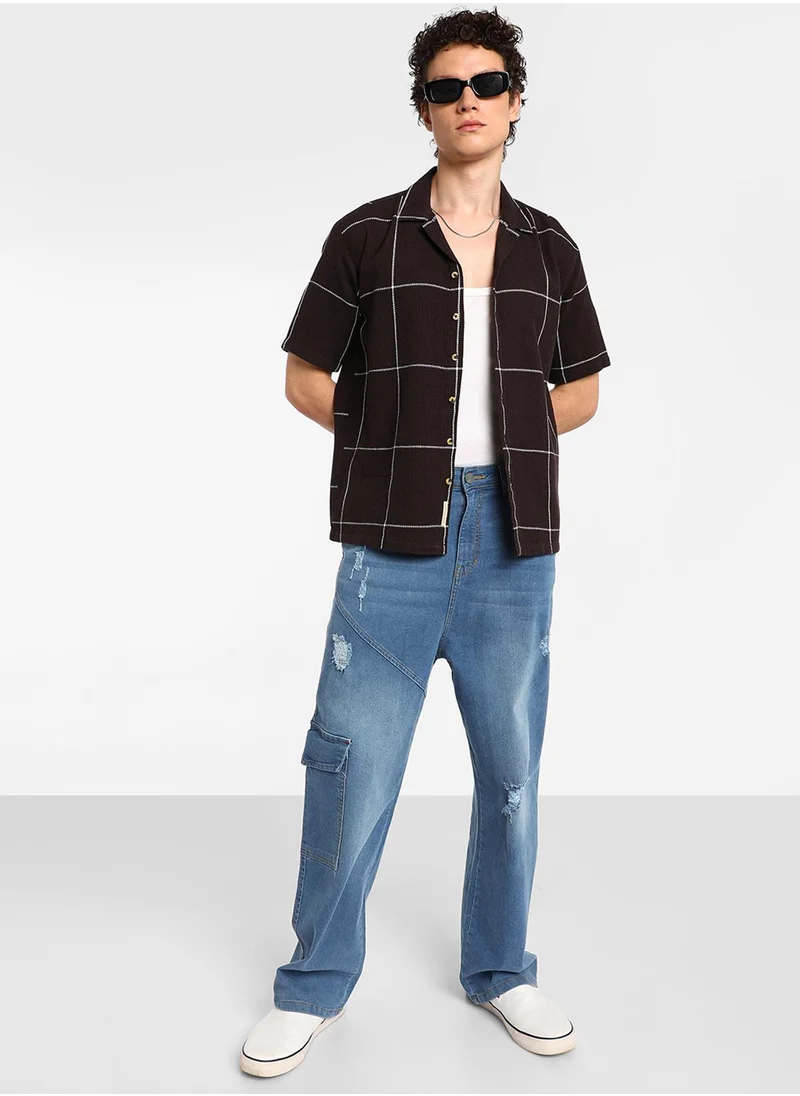 Campus Sutra Men's Taupe Brown Graph Check Oversized Shirt