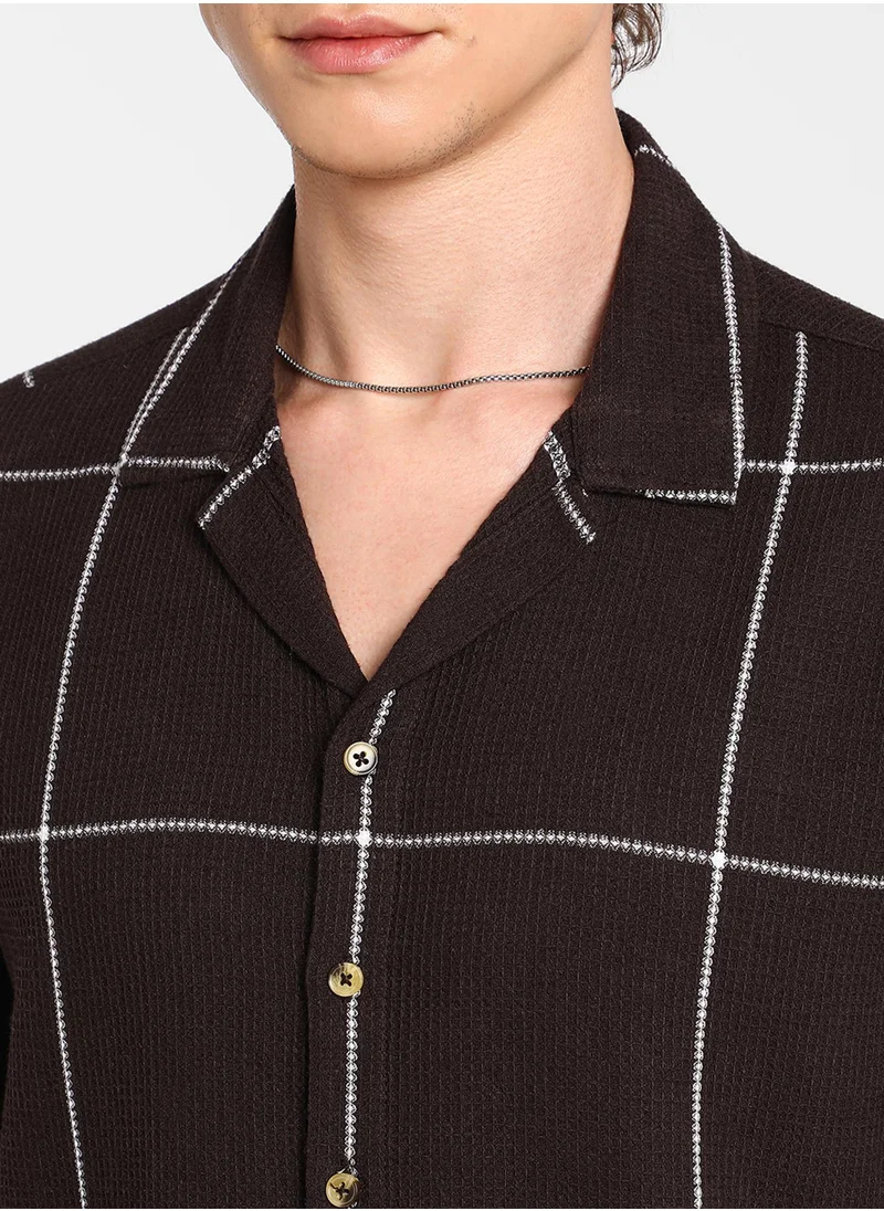 Campus Sutra Men's Taupe Brown Graph Check Oversized Shirt