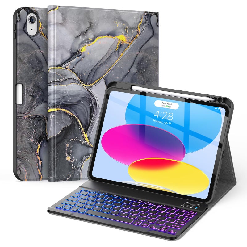 Soke for iPad A16 11th10th Generation Case with Keyboard202520227 Color Backlight Wireless Detachable Folio Keyboard Cover with Builtin Pencil Holder for iPad 11109 inch Black Marble