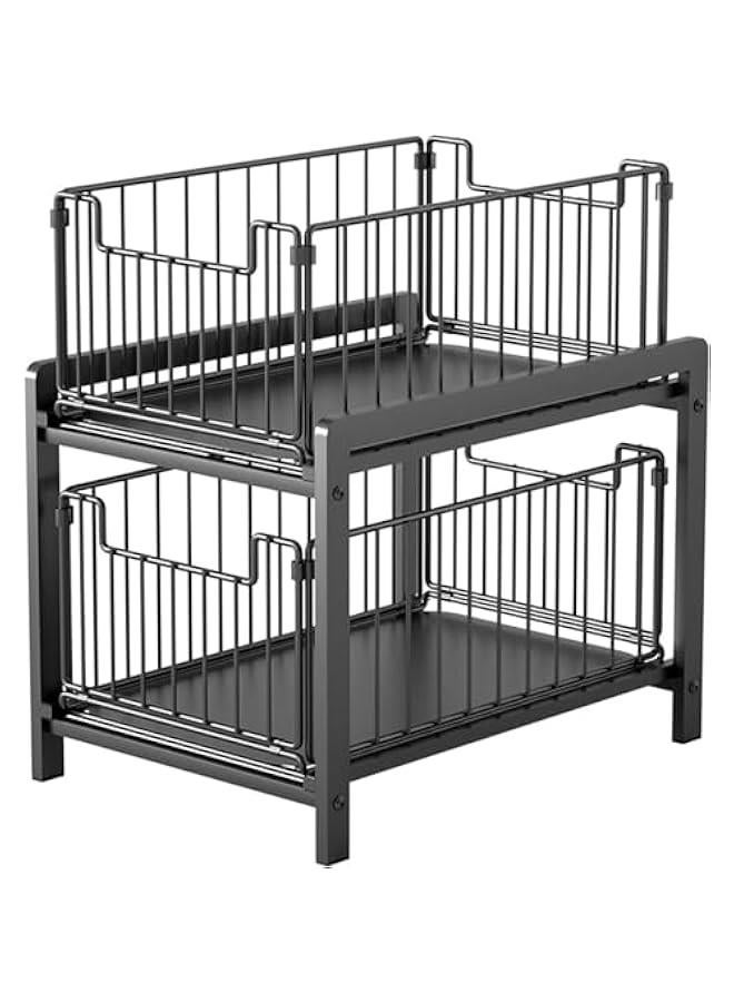 هوكور منظم تحت الحوض من طبقتين من توريسيك، خزانة تخزين تحت المطبخ، رف قابل للتكديس والسحب تحت الحوض، منظم سطح المكتب من الستيل متعدد الاغراض مع درج تخزين منزلق للحمام والمطبخ - Image 1