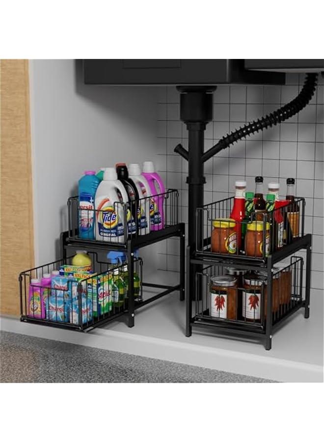 هوكور منظم تحت الحوض من طبقتين من توريسيك، خزانة تخزين تحت المطبخ، رف قابل للتكديس والسحب تحت الحوض، منظم سطح المكتب من الستيل متعدد الاغراض مع درج تخزين منزلق للحمام والمطبخ - Image 2