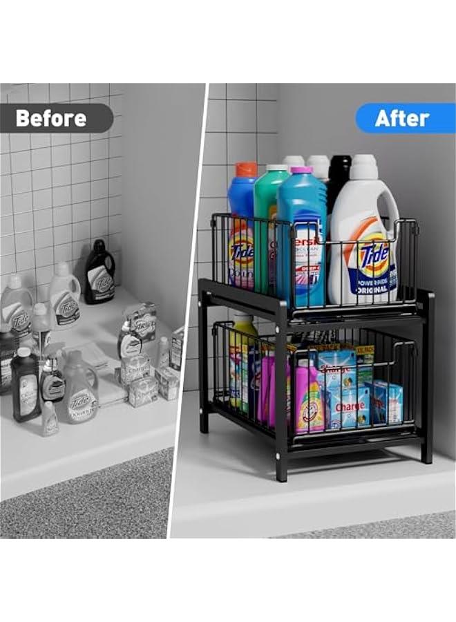 هوكور منظم تحت الحوض من طبقتين من توريسيك، خزانة تخزين تحت المطبخ، رف قابل للتكديس والسحب تحت الحوض، منظم سطح المكتب من الستيل متعدد الاغراض مع درج تخزين منزلق للحمام والمطبخ - Image 5