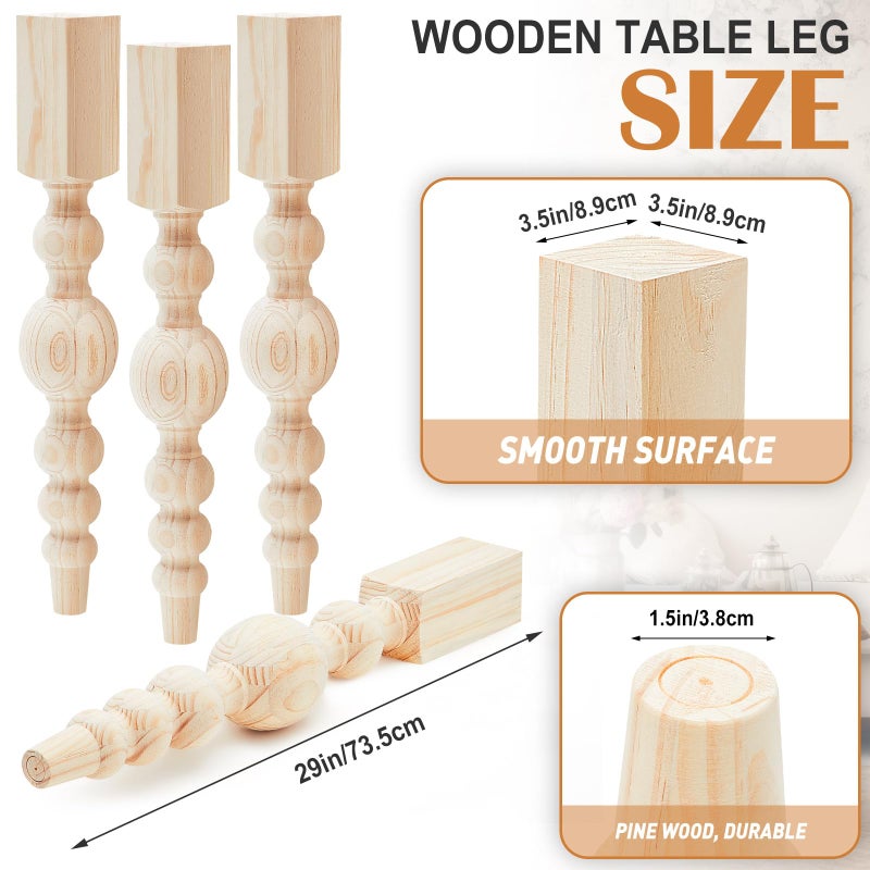 Threehoney 4 Pcs Farmhouse Table Legs, 29" x3.5'' Pine Dining Table Legs for Furniture Unfinished Wooden Furniture Dining Cottage Bench Coffee for DIY(Raised Spherical) - Image 2