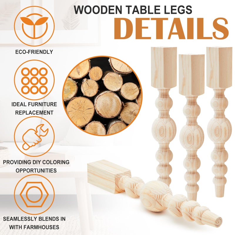 Threehoney 4 Pcs Farmhouse Table Legs, 29" x3.5'' Pine Dining Table Legs for Furniture Unfinished Wooden Furniture Dining Cottage Bench Coffee for DIY(Raised Spherical) - Image 3